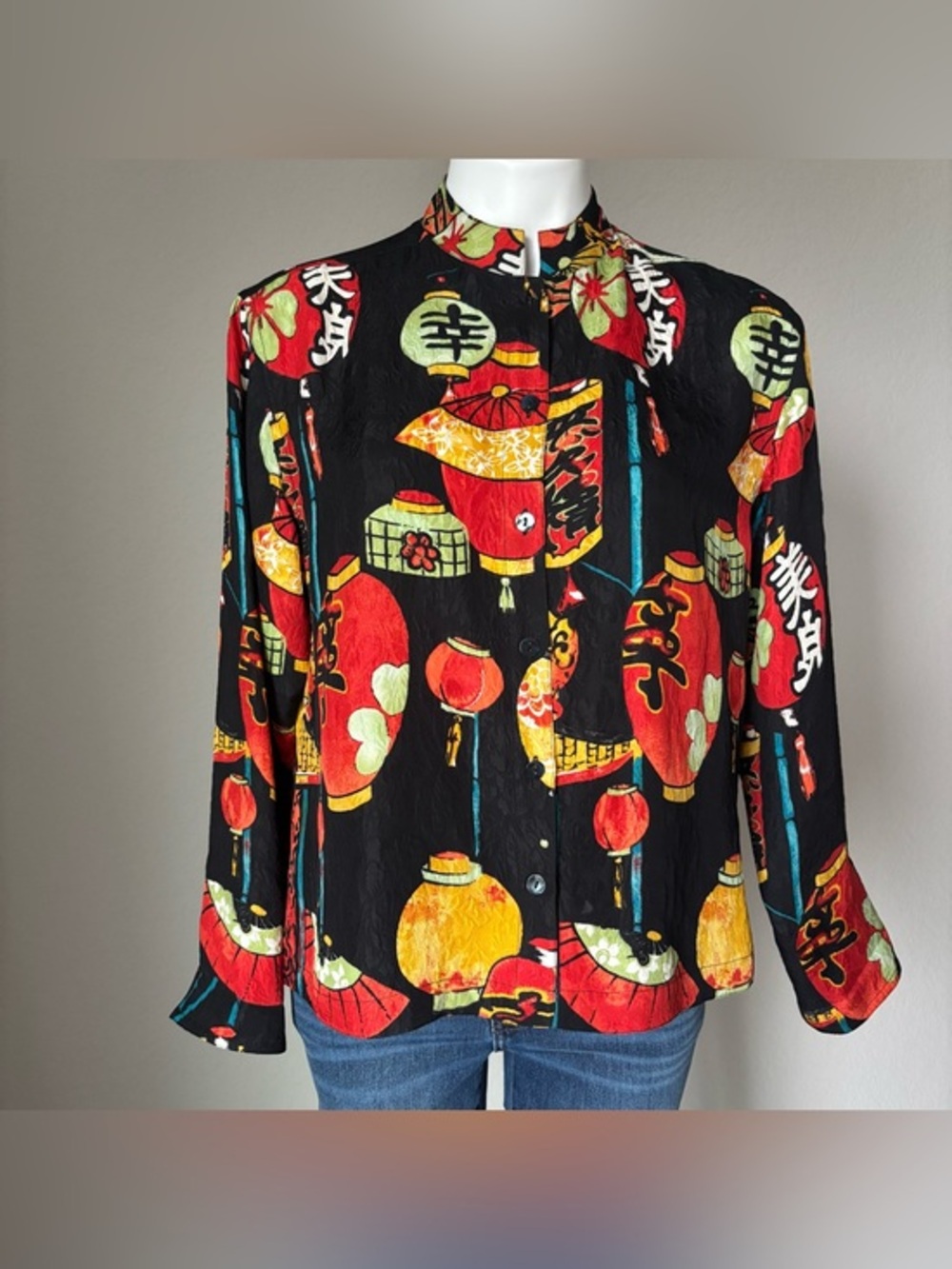 Vintage Chico's Chinese Lantern Print Silk Button-Down Mandarin Style Shirt Top